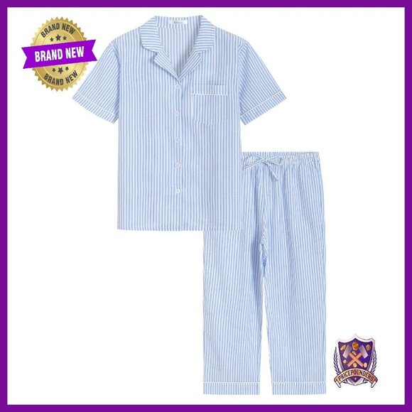 Other - Cotton Seersucker Capri Pajama Set Button Up Top Lounge Wear